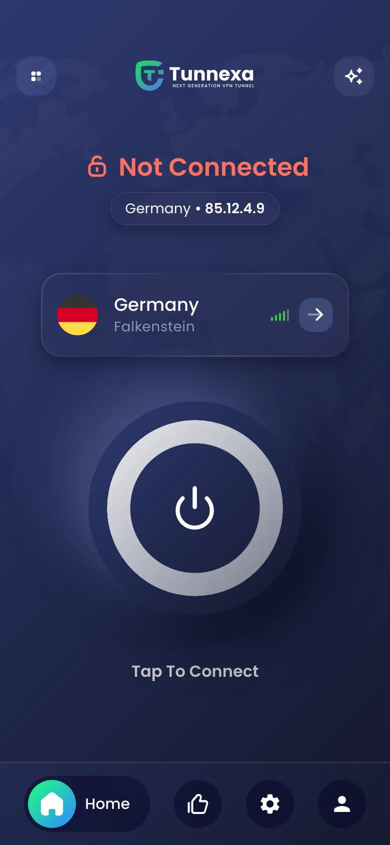 Tunnexa free VPN home screen, ready to connect without an account
