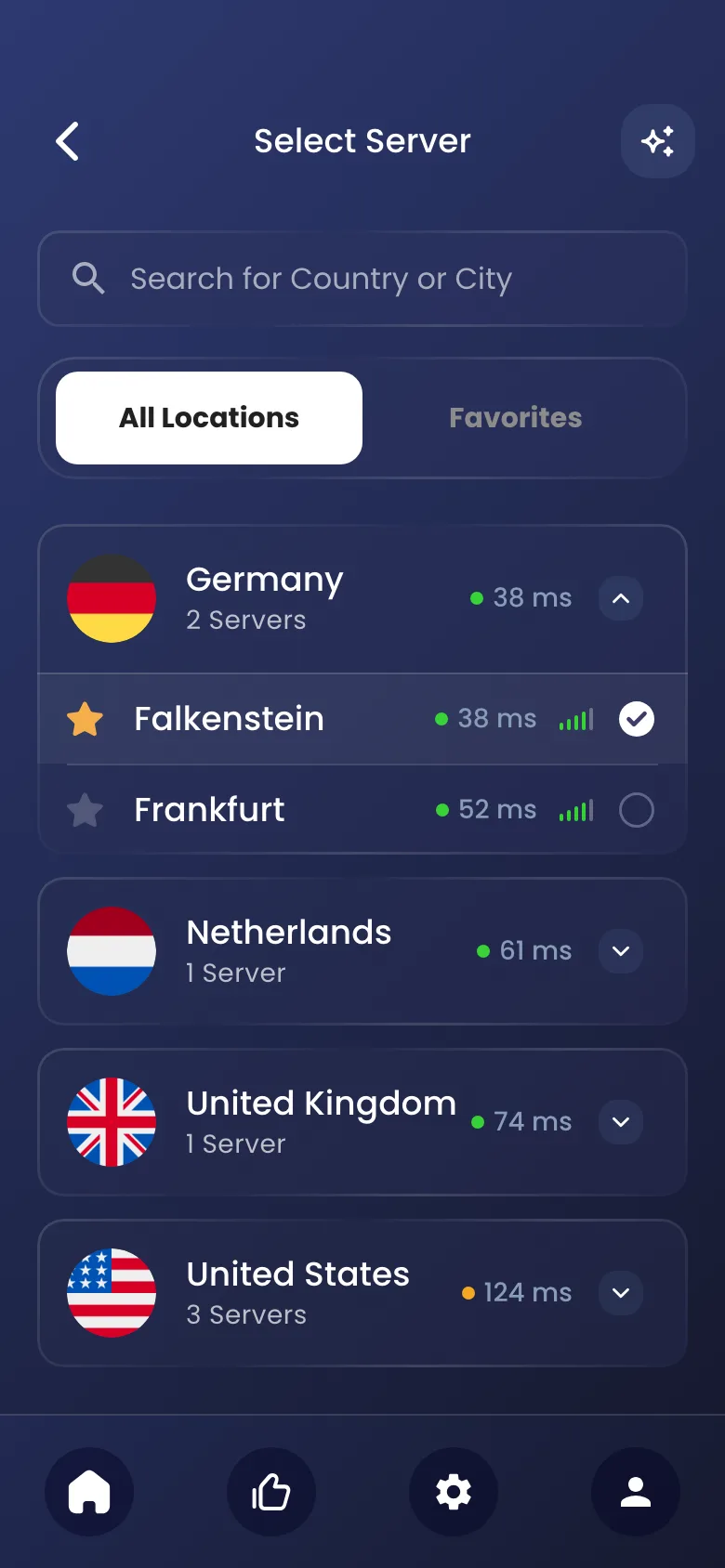 Tunnexa VPN server list with ping times for each location